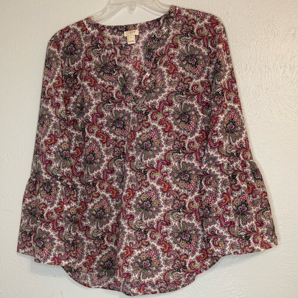 J. Crew M Pink and Black Paisley Blouse with Bell Sleeves